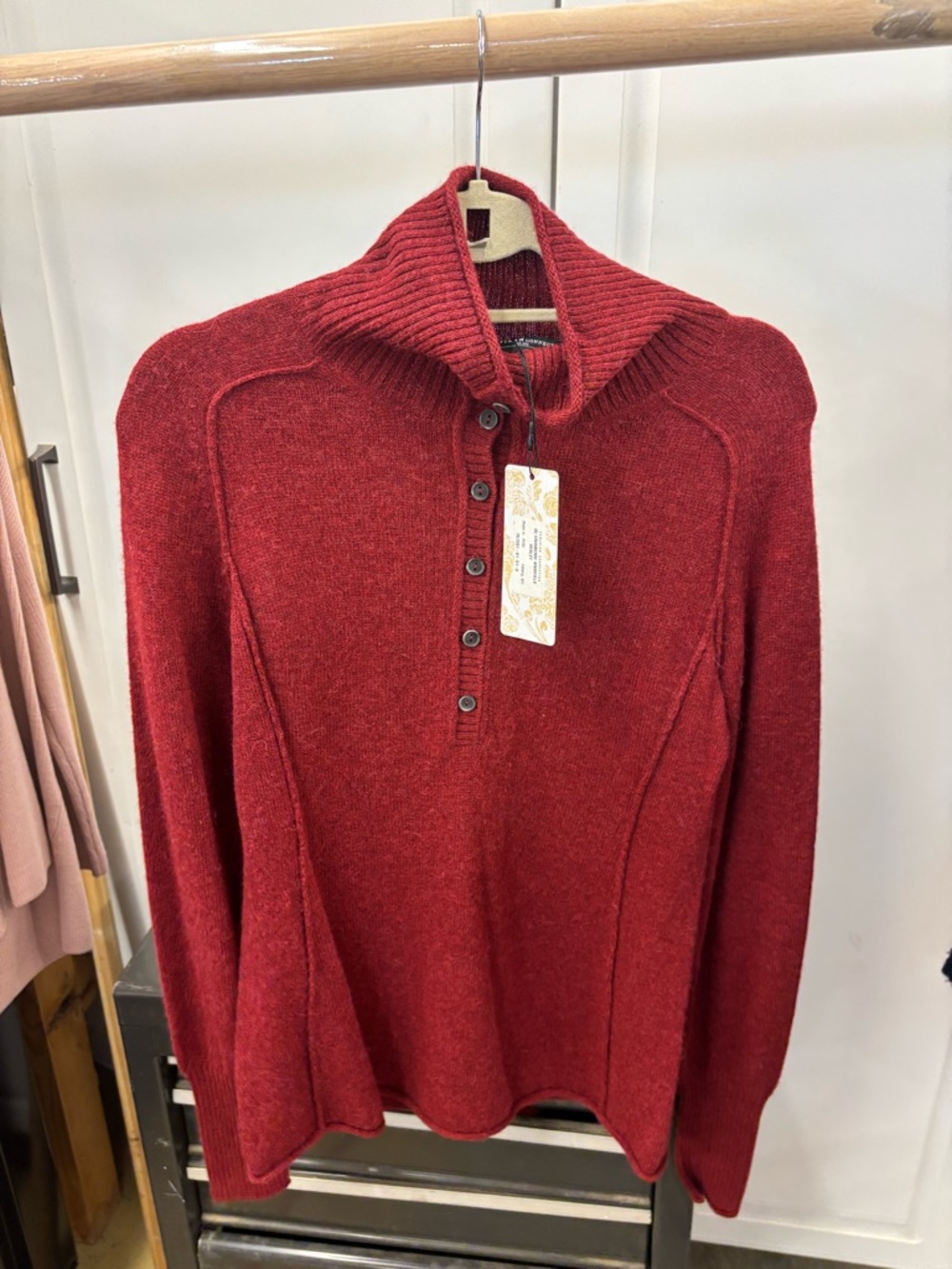 Peruvian Connection Deep Red V-Neck Button Pullover